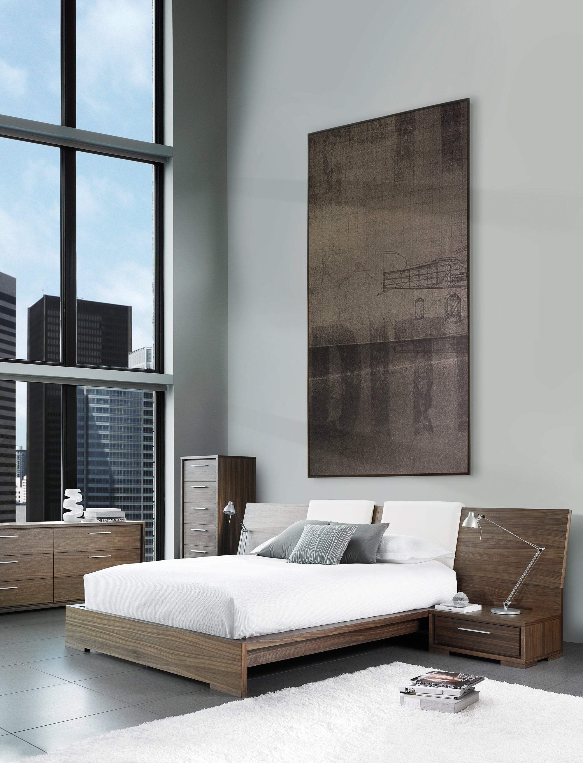 Platform Bed Walnut Wide Headboard Integrated Nightstand Set