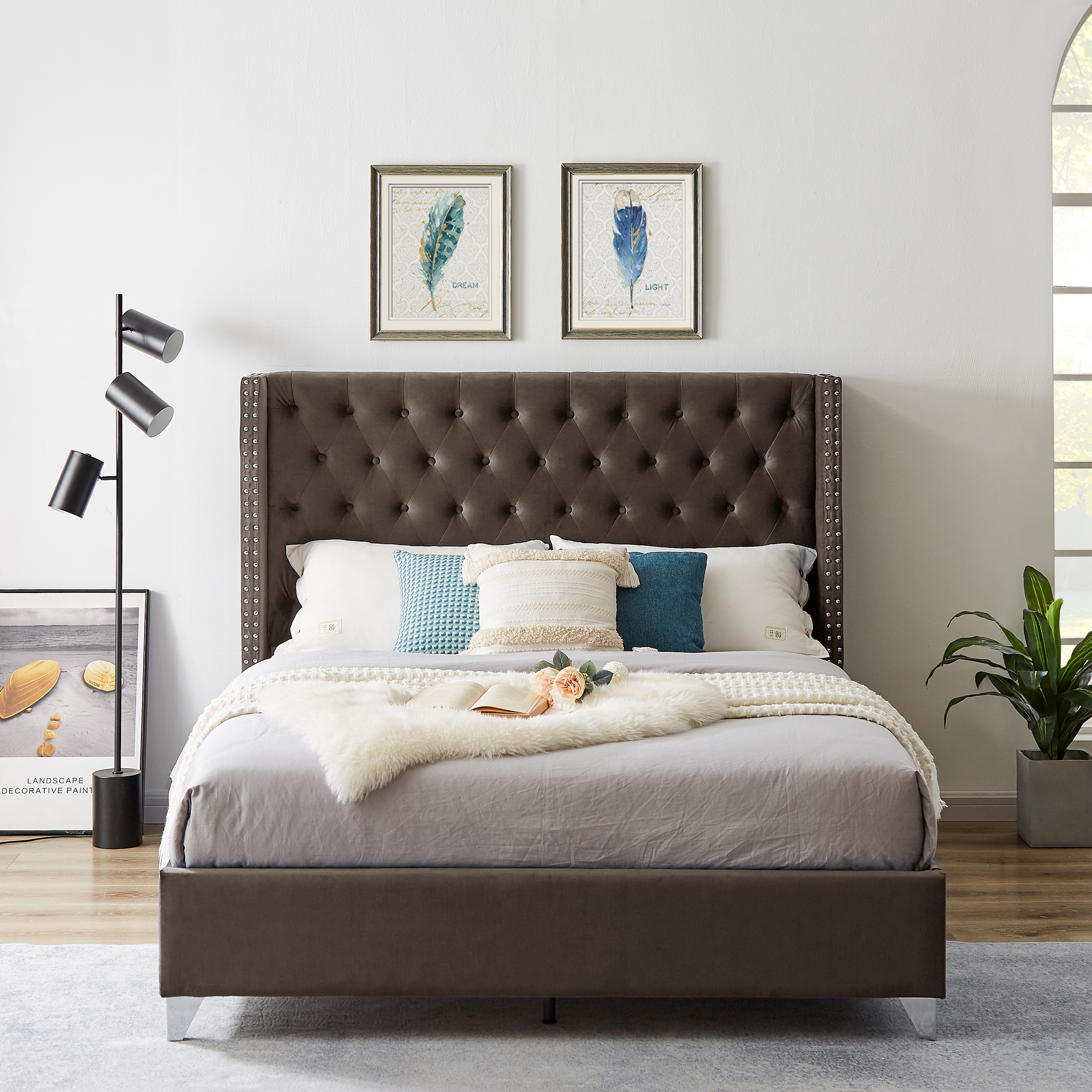 Platform Bed: Wingback Button Tufted Silver Nailhead Trim