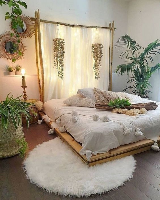 Platform Bed with Branch Frame Headboard and Tassel Pom Duvet