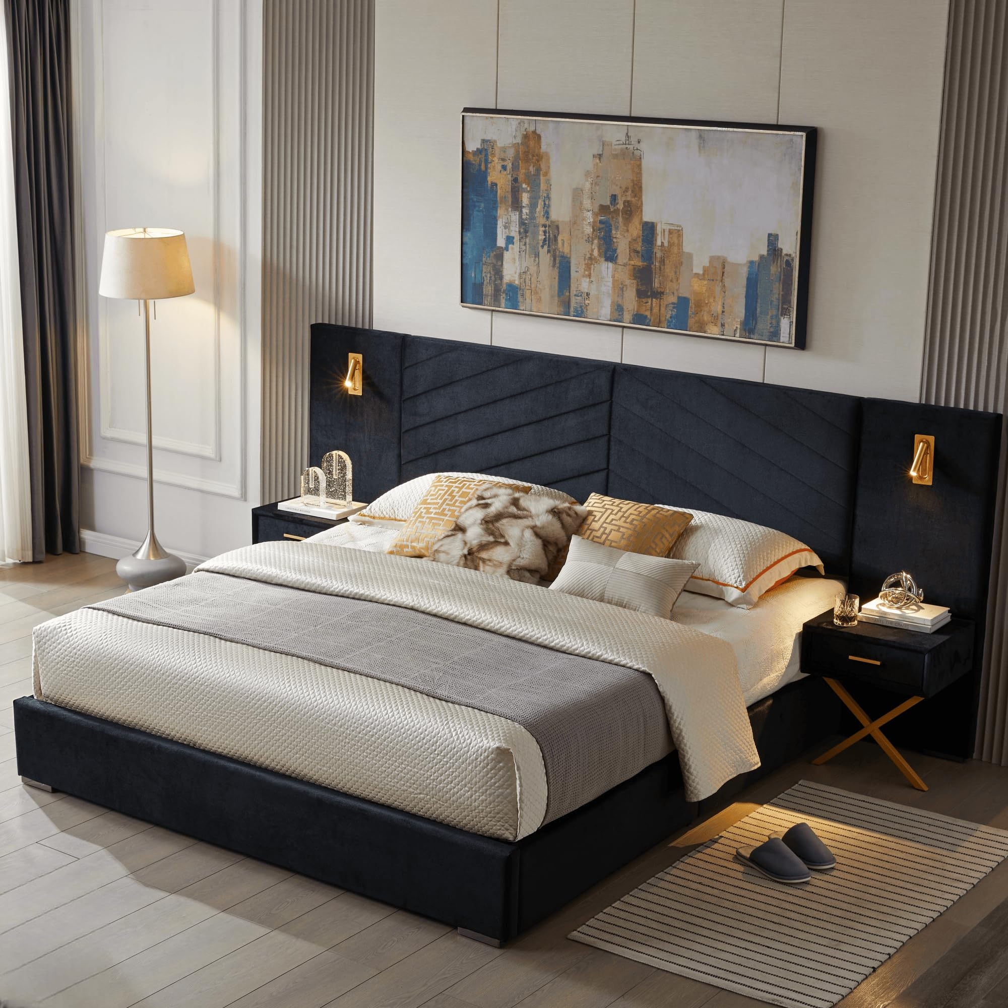 Platform Bed with built in sconces and diagonal tufted headboard