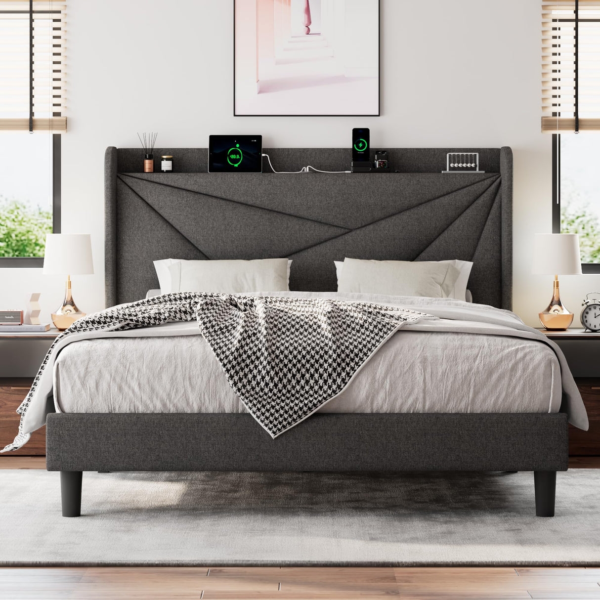 Platform Bed with Charging Station and Geometric Stitching