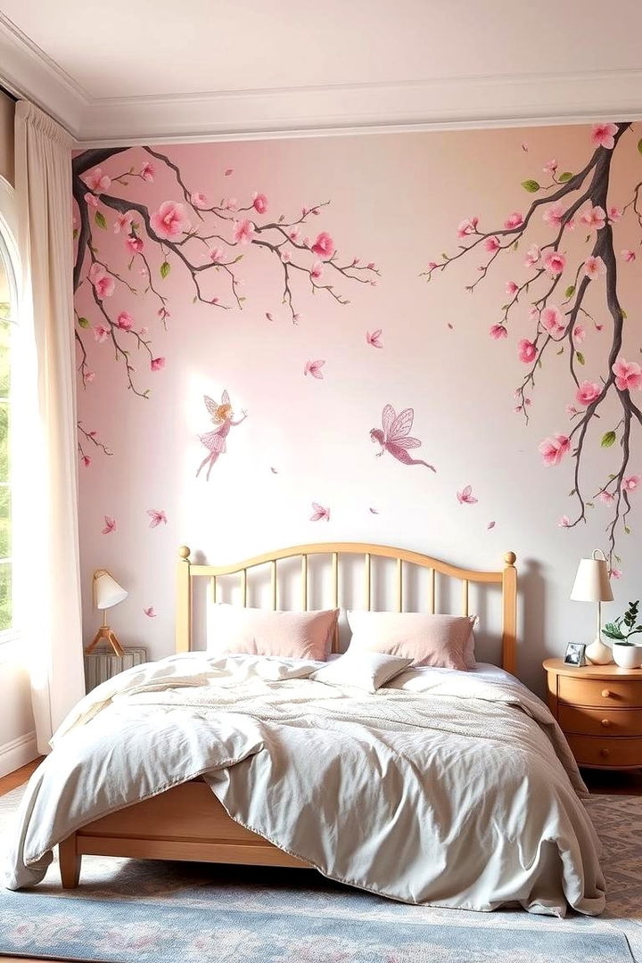 Platform Bed with Cherry Blossom Mural and Storybook Bedroom Ideas