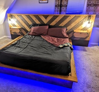 Platform Bed with chevron headboard and blue LED underglow