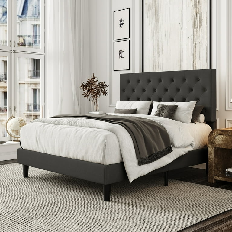 Platform Bed with Diamond Button Tufting and Linen Look