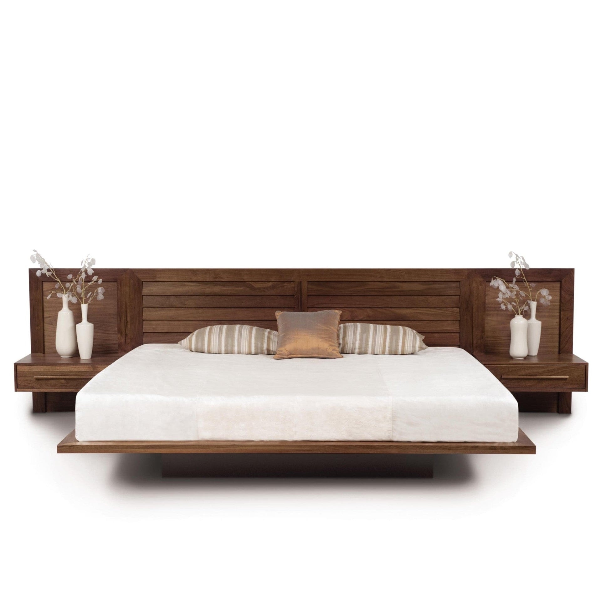 Platform Bed with floating pedestal base and slatted walnut headboard