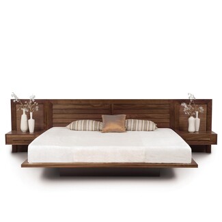 Platform Bed with floating pedestal base and slatted walnut headboard