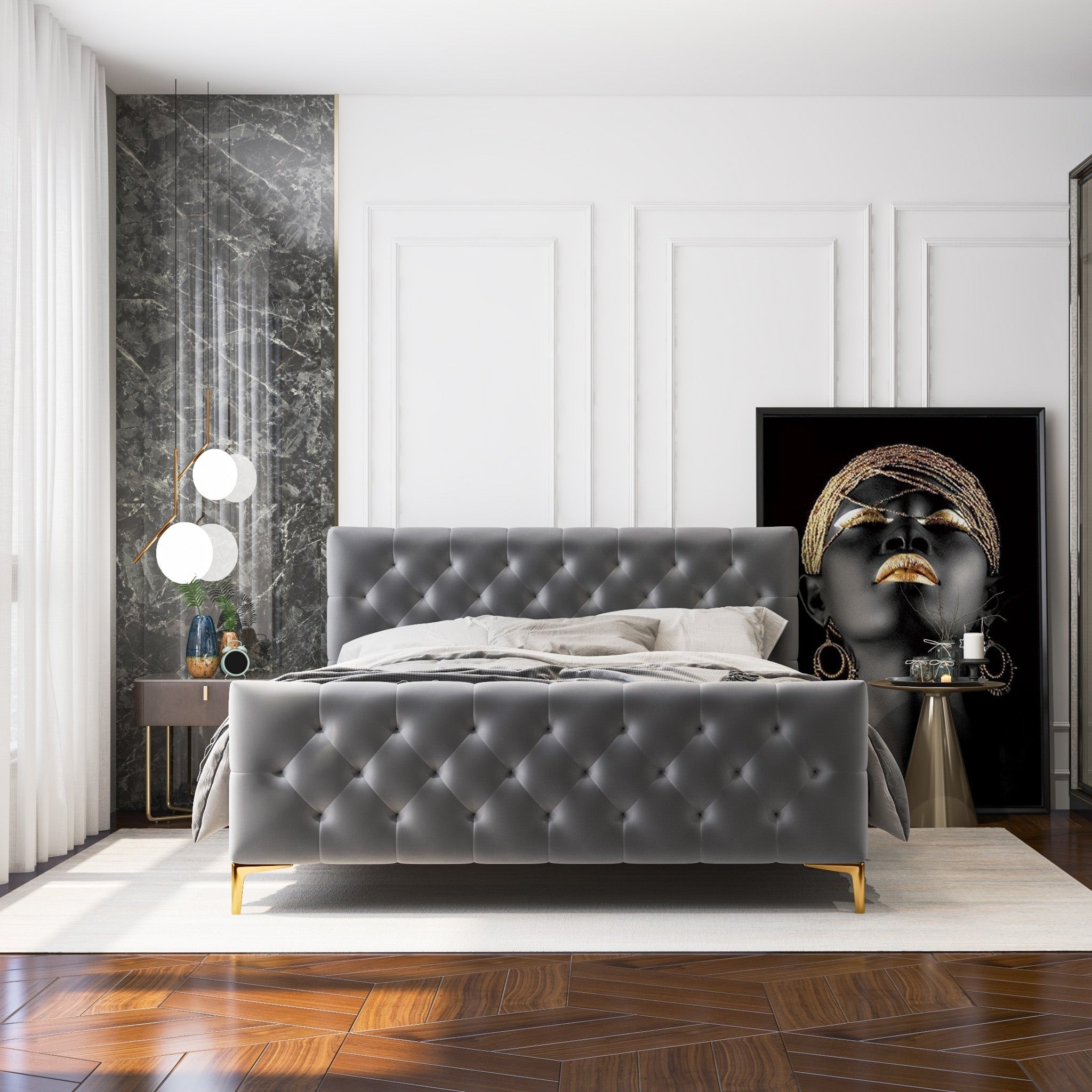 Platform Bed with Gold Tapered Legs and Tufted Velvet