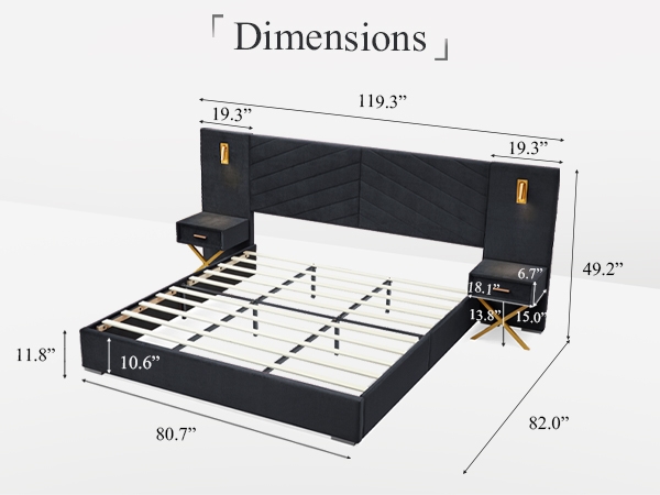 Platform Bed with gunmetal black upholstery and oversized headboard
