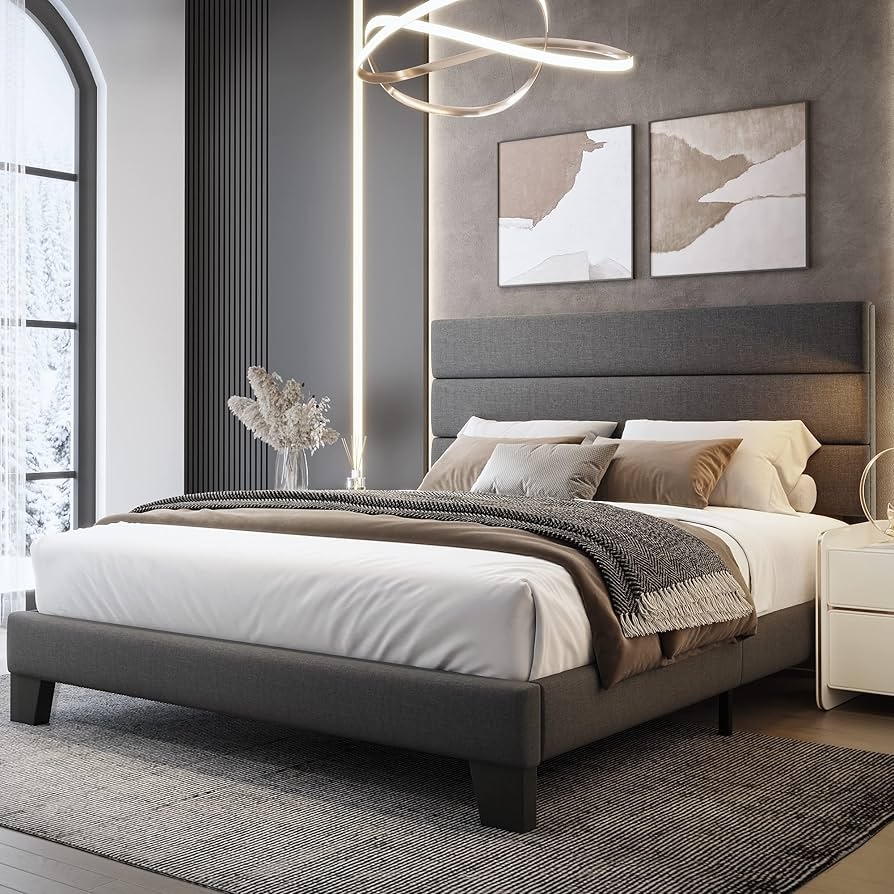 Platform Bed with Horizontal Seaming and Channeled Headboard
