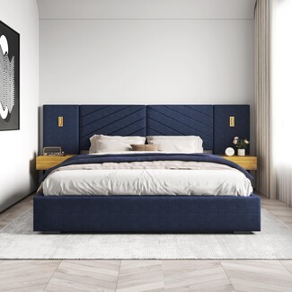 Platform Bed with integrated gold lights and royal blue upholstery