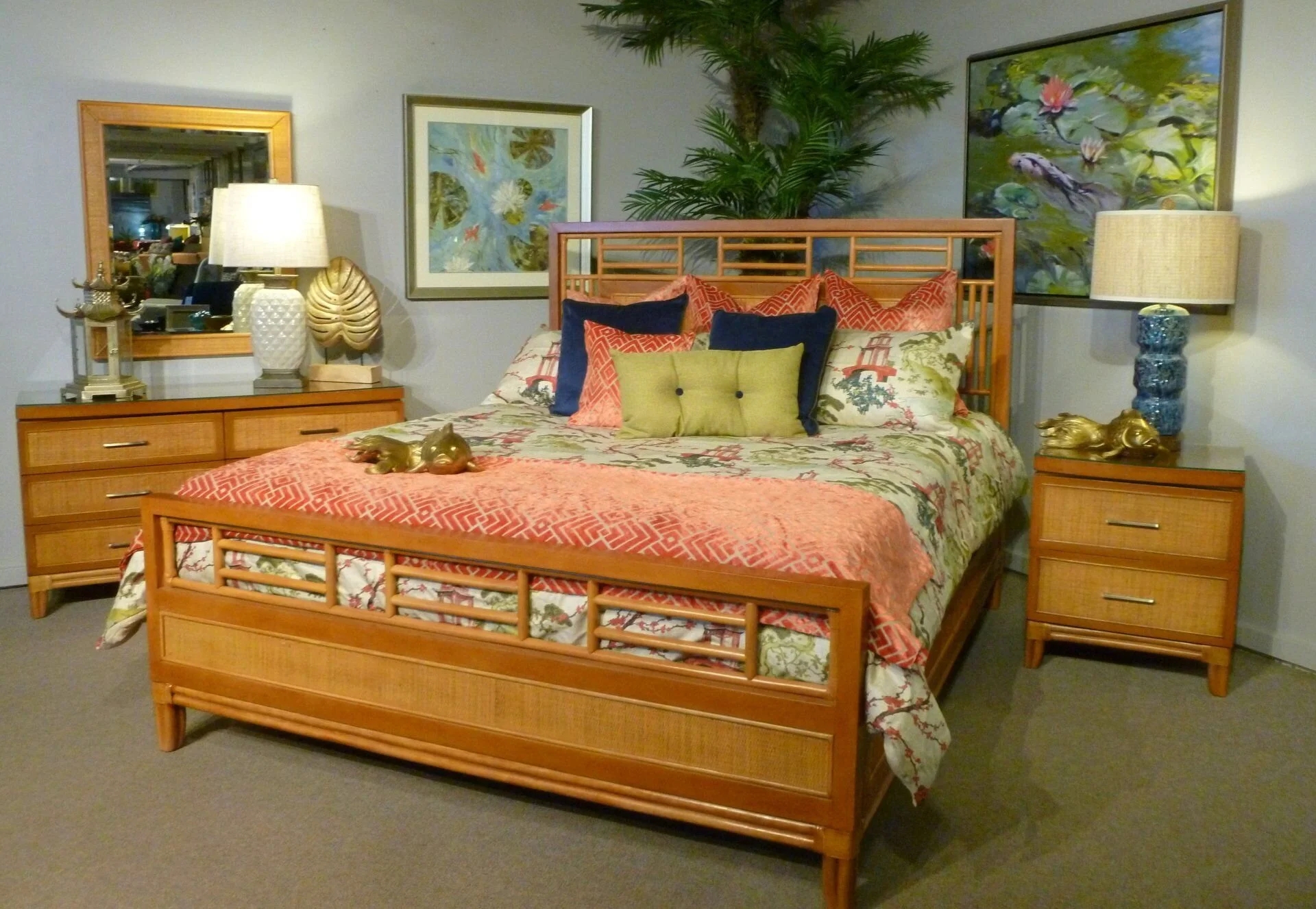 Platform Bed with Lattice Wood Details and Coral Accents
