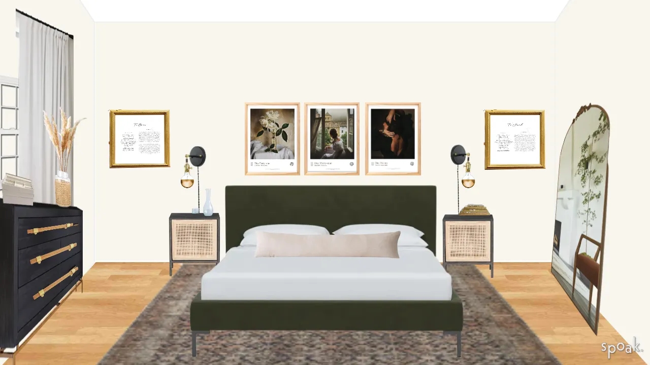 Platform Bed With Olive Green Upholstery And Cane Decor