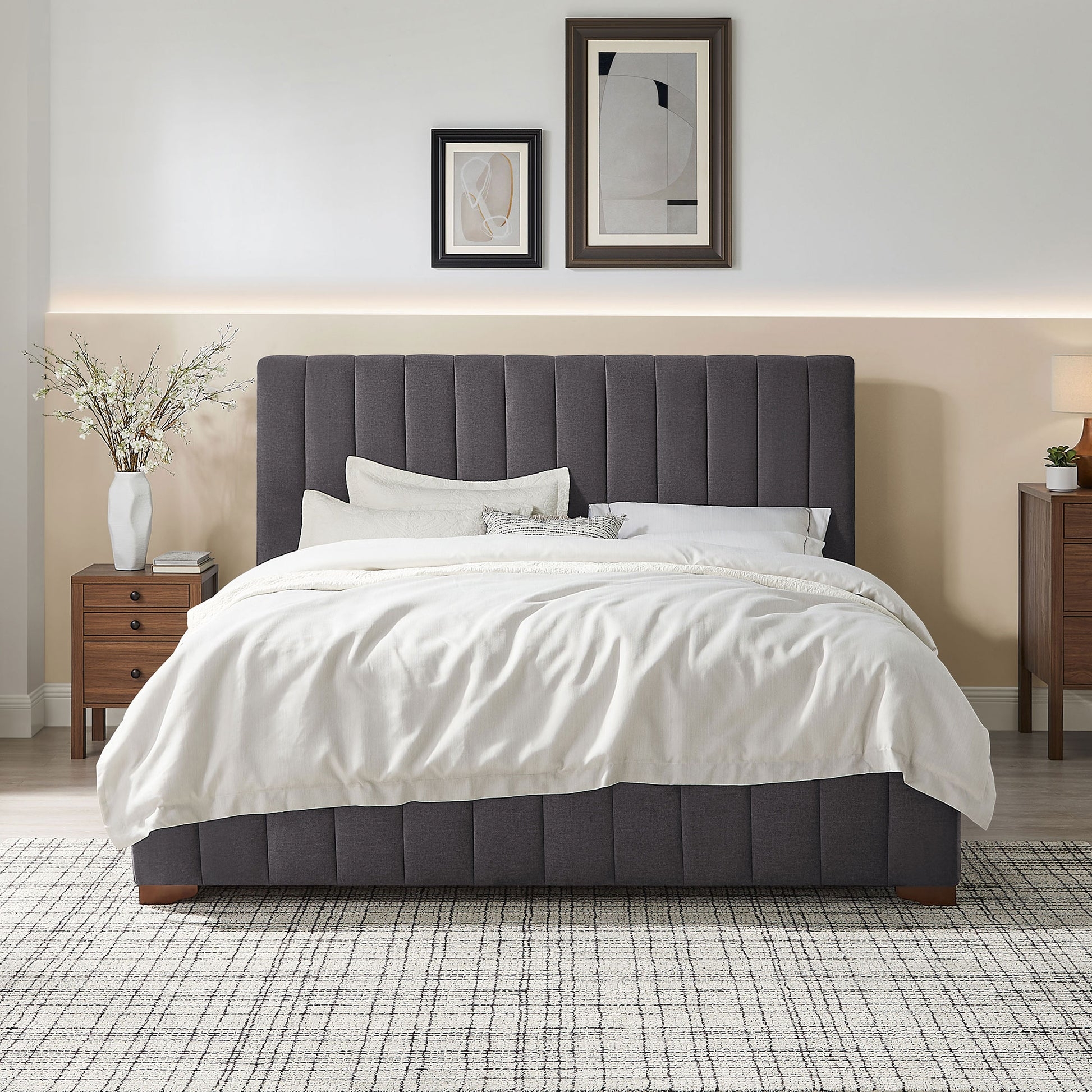 Platform Bed with Padded Frame and Vertical Channel Tufting