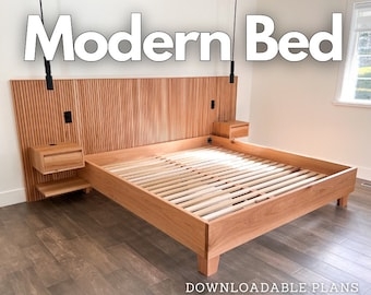 Platform Bed with slatted headboard and integrated electrical