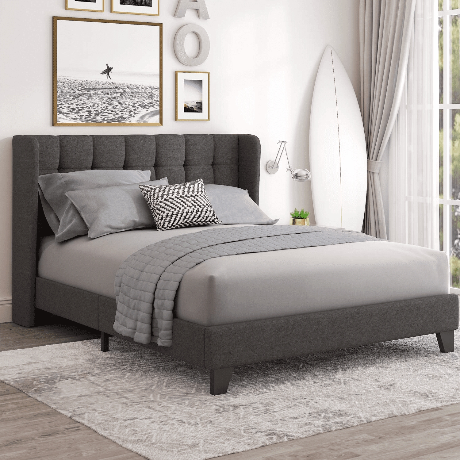 Platform Bed with Square Stitched Headboard and Wingback Detail