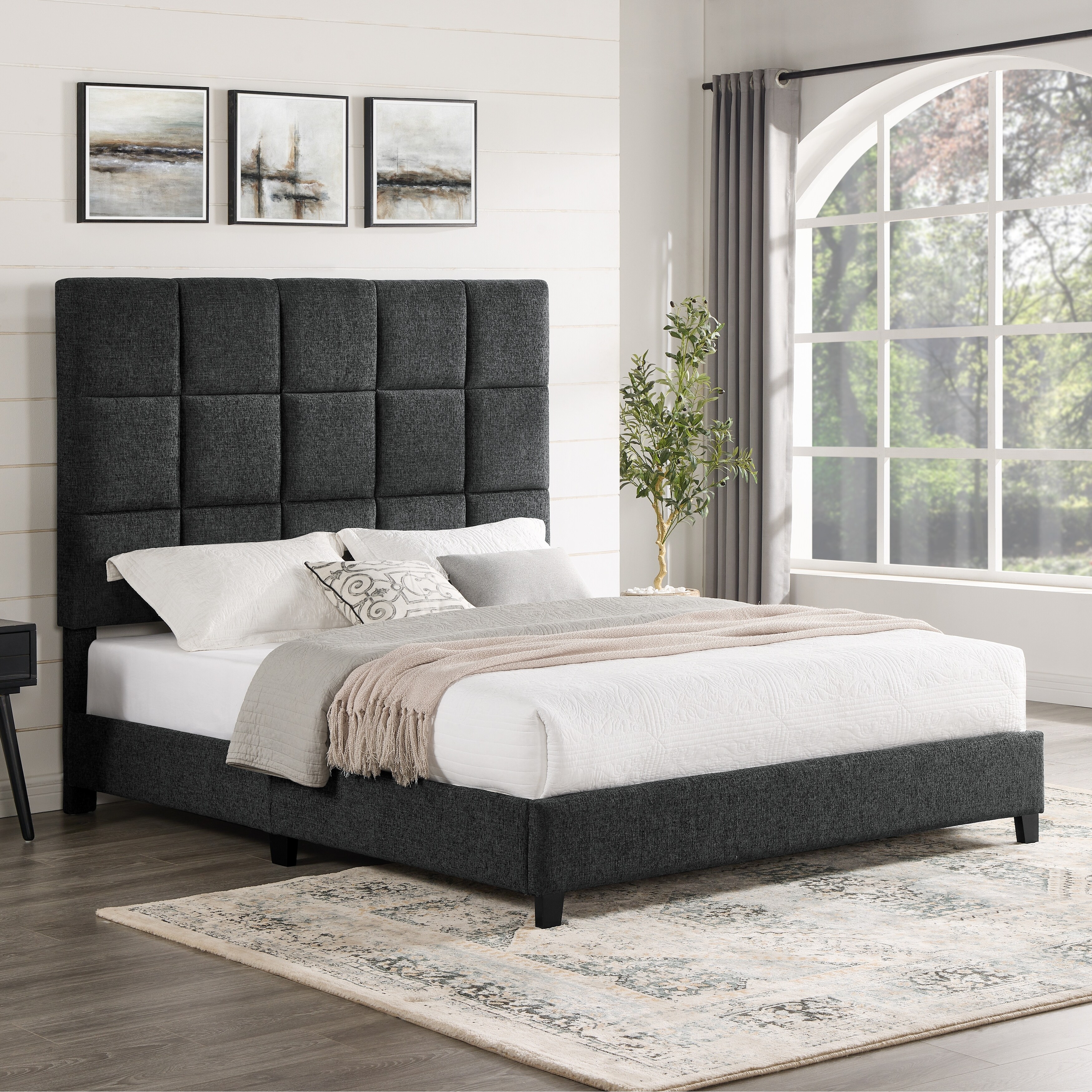 Platform Bed with Tall Square Tufted Headboard in Granite