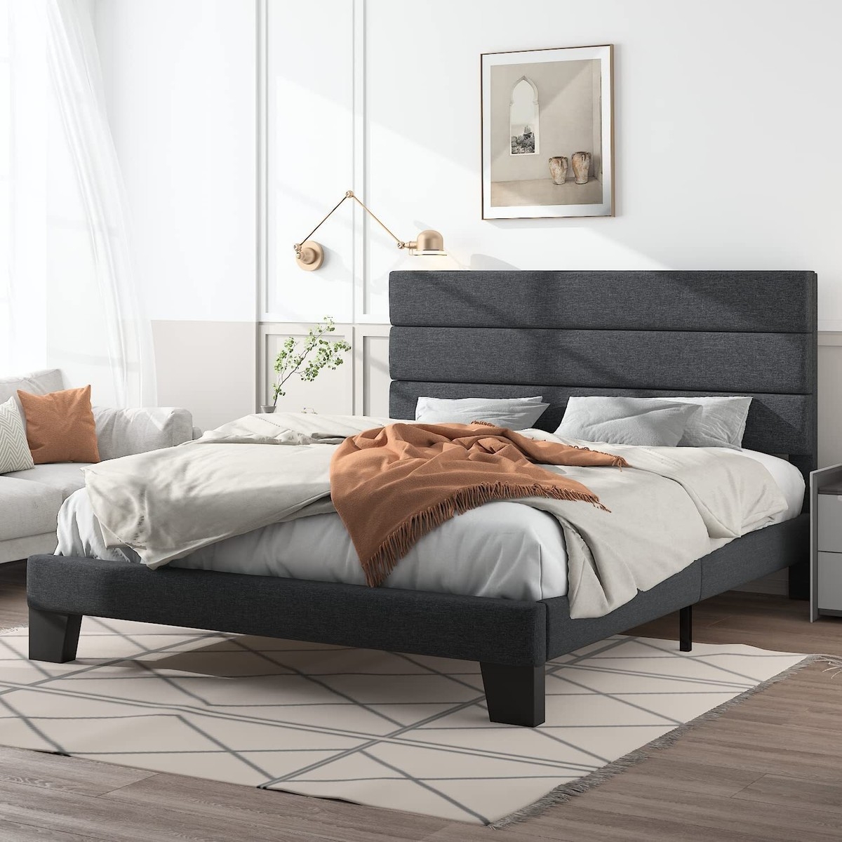 Platform Bed with Three Panel Headboard and Low Profile Base