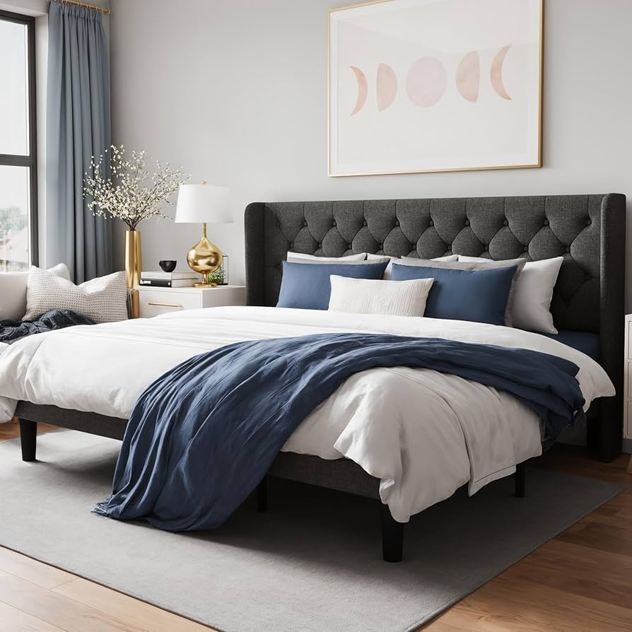 Platform Bed with Tufted Wingback and Diamond Pattern Detail