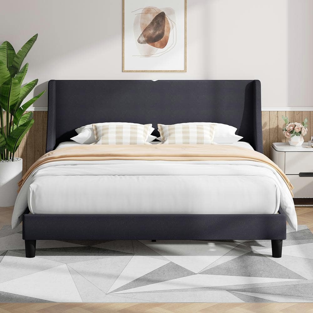 Platform Bed with Wingback Headboard and Integrated USB Ports