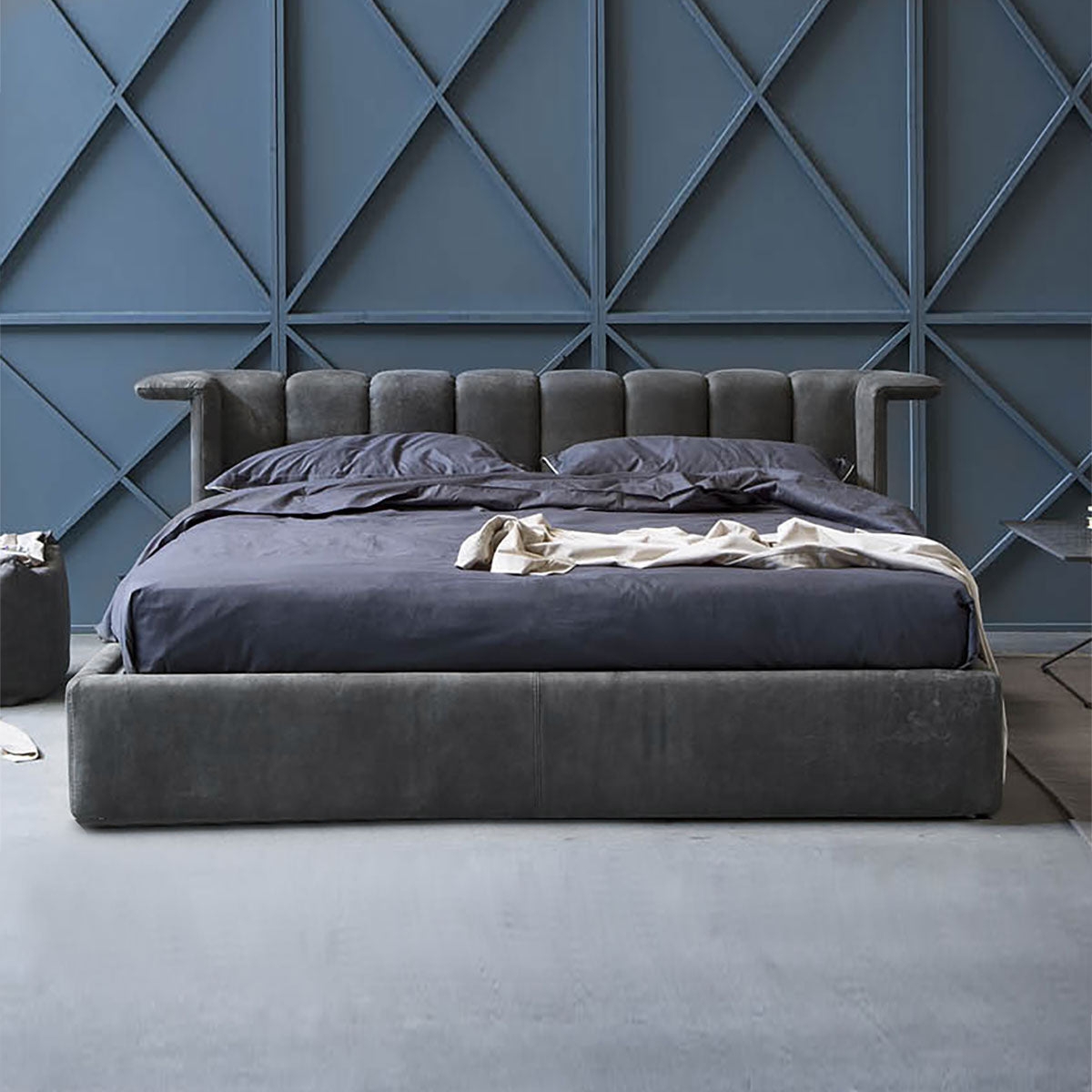 Platform Bed with Winged Headboard and Cantilevered Extensions