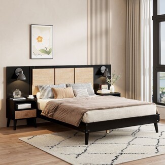 Platform Bed with woven panels and matte black headboard sconces