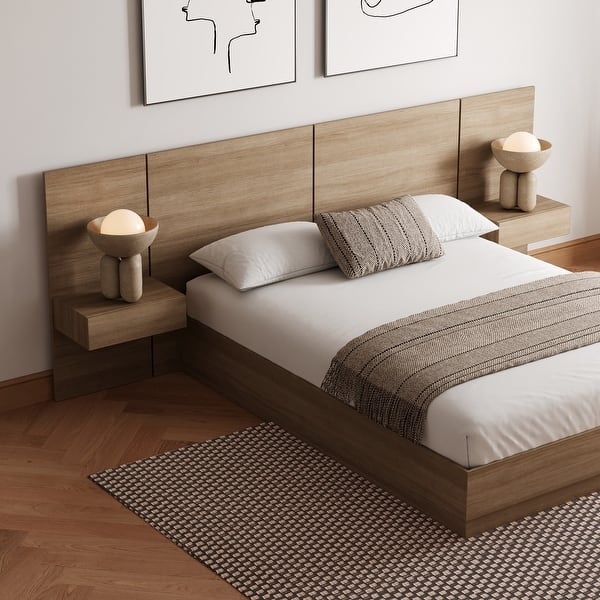 Platform Bedroom Set Extended Headboard Floating Nightstand Bed Set