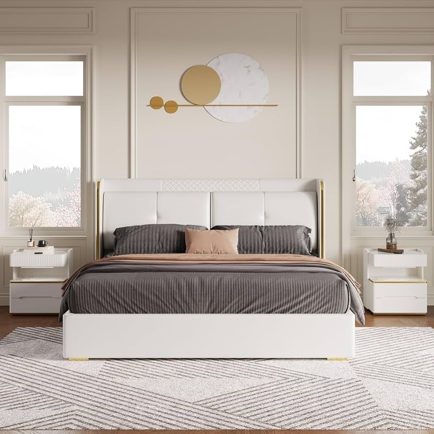 Platform Bedroom Set with quilted headboard and fluted nightstands