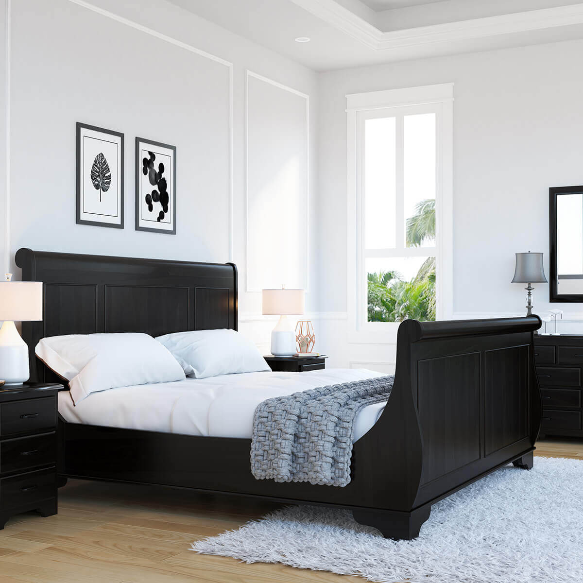Platform Sleigh Bed: Scrolled Silhouette Dark Platform Bed