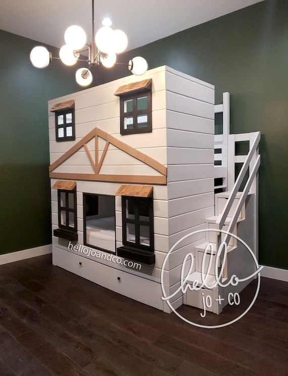 Playhouse Bunk Bed Shiplap Siding Full Over Full with Stairs