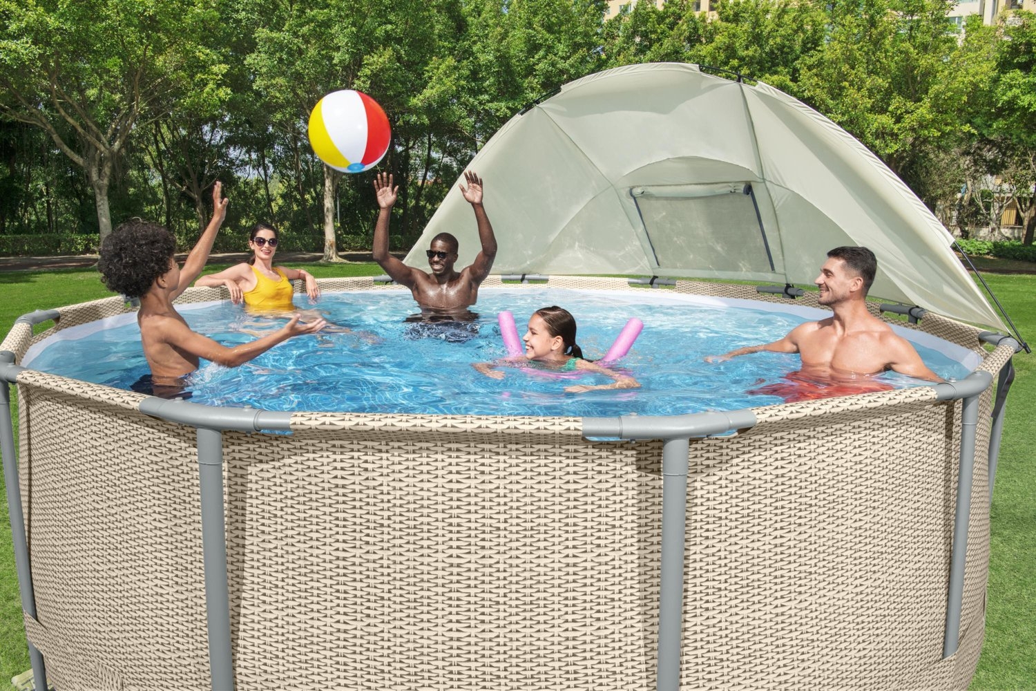 Pool Canopy including Semi-Circular Arch and Woven Walls