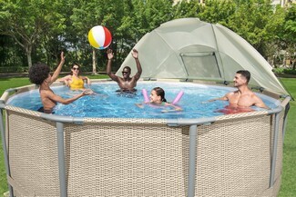 Pool Canopy including Semi-Circular Arch and Woven Walls