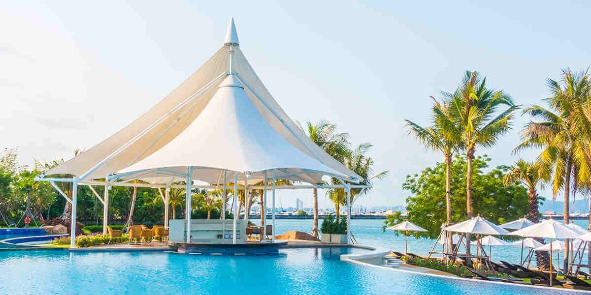 Pool Canopy with Twin Peaks and White Tensile Membrane