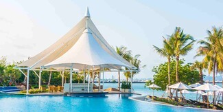 Pool Canopy with Twin Peaks and White Tensile Membrane