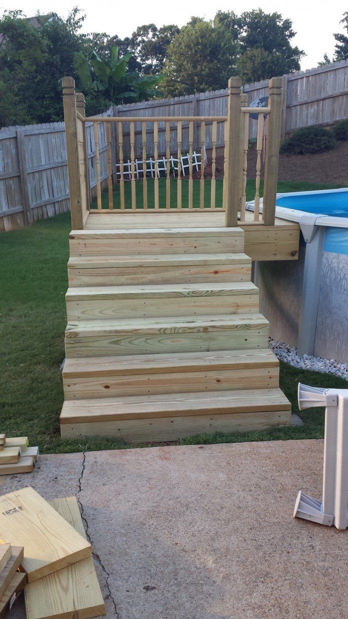 Pool Deck Stairs Turned Spindles Wooden Landing Step