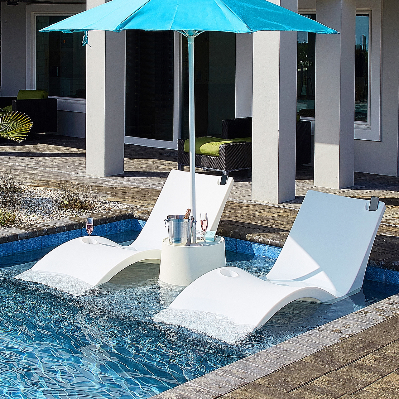 Pool Lounger: Integrated Media Slots Shelf Furniture
