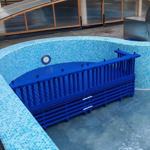 Pool Platform Cobalt Blue Slatted Curved Profile Bench