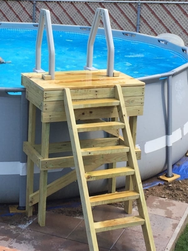 Pool Platform Wood Toned Integrated Ladder Deck