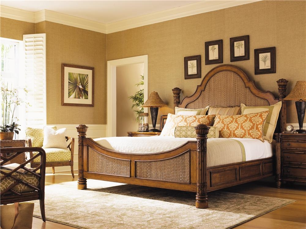 Poster Bed with Arched Headboard and Rattan Cane Details