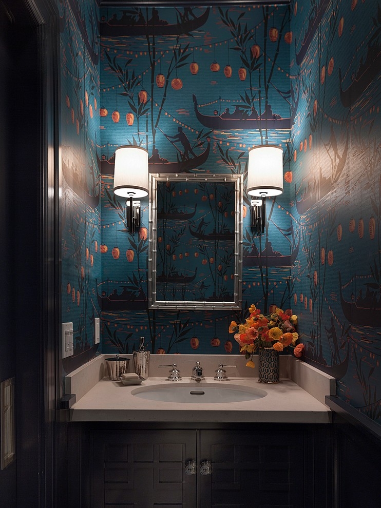 Powder Room Vanity Teal Chinoiserie Bamboo Mirror Luxe