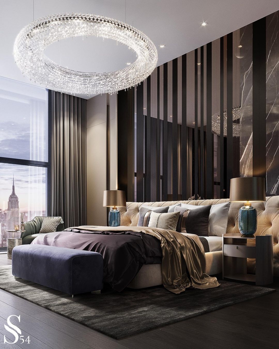 Primary Bedroom Crystal Ring Luxury NYC Bedroom Design