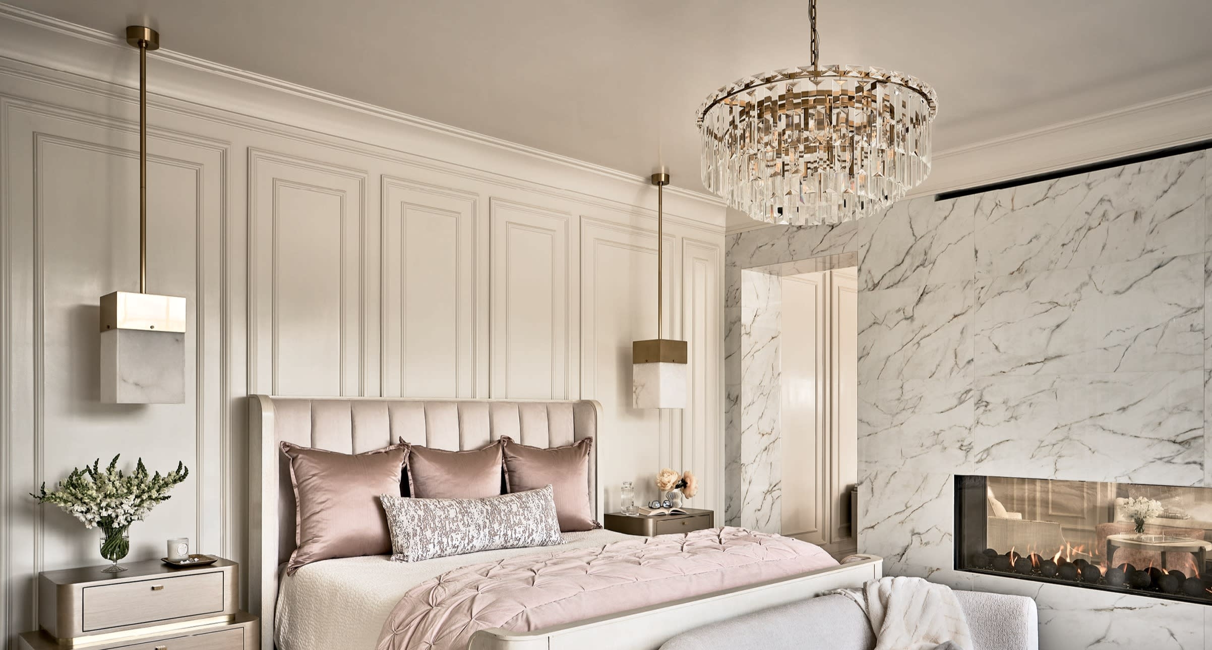 Primary Bedroom Marble Fireplace Luxury Bedroom Lighting