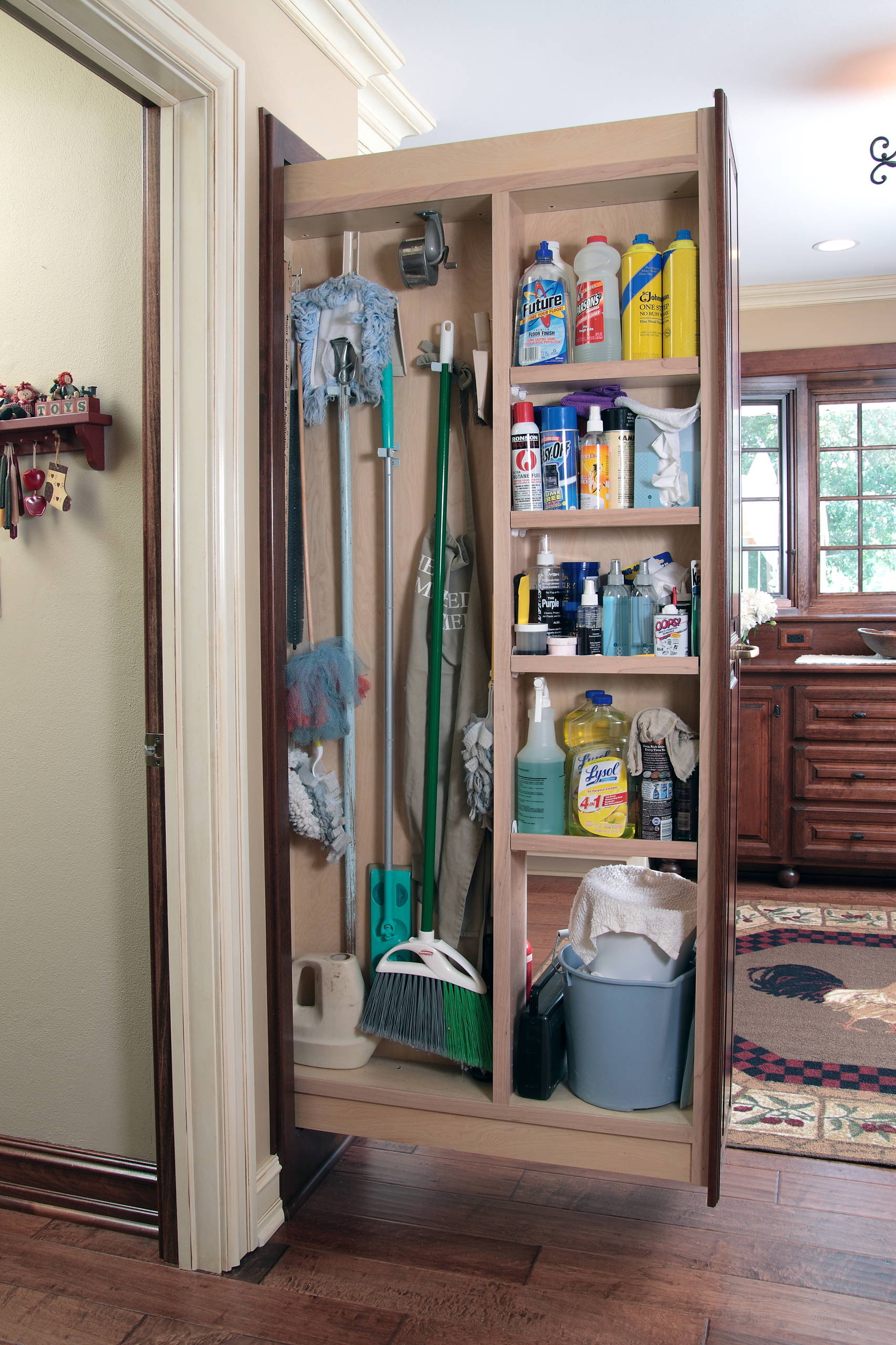 Pull Out Utility Cabinet Wood Toned Vertical Divider