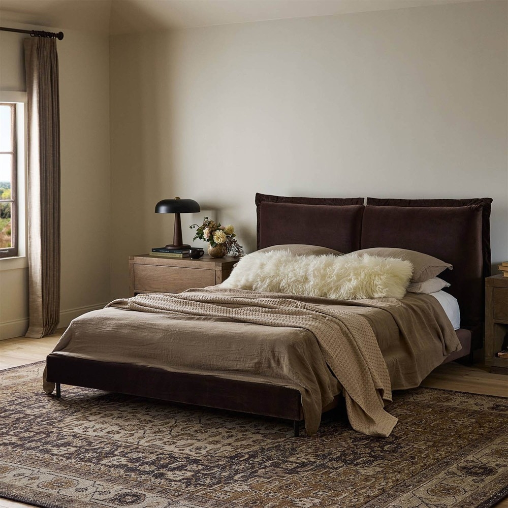 Queen Bed: Dark Velvet Cushion Headboard Low Profile