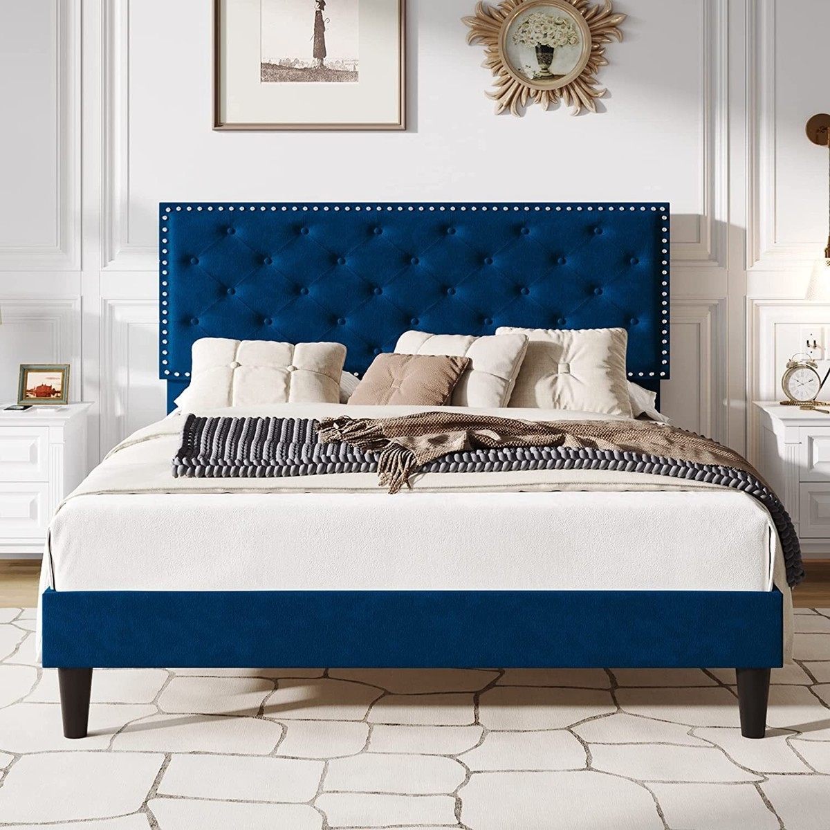 Queen Bed Frame Blue Velvet Tufting Silver Nailhead Border