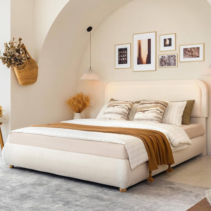 Queen Bed Frame Boucle Texture rounded headboard platform bed