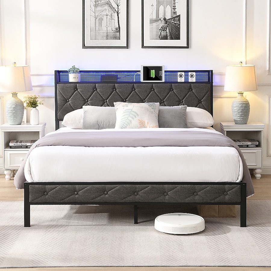 Queen Bed Frame with LED Storage Headboard and Mesh Accents