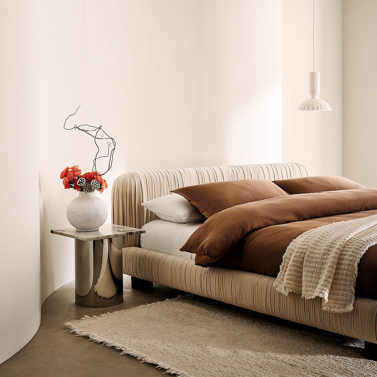 Queen Bed: Pleated Ivory Velvet Curved Headboard Luxe