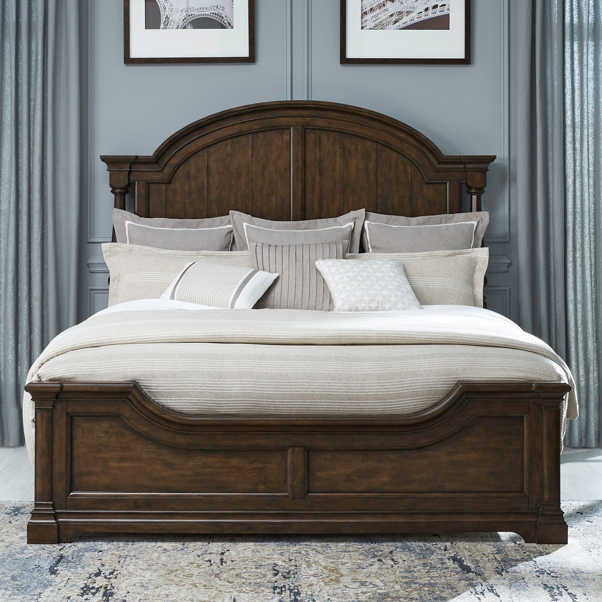 Queen Bed Walnut Vertical Planked Paneling Arched Bed