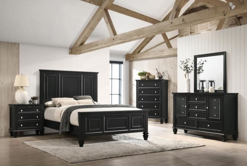 Queen Panel Bed in Matte Black Finish: Silver Knobs Decor