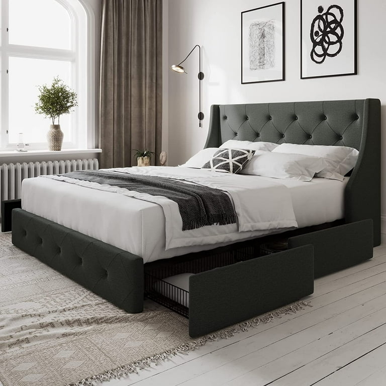 Queen Platform Bed with 4 Storage Drawers and Wingback Profile